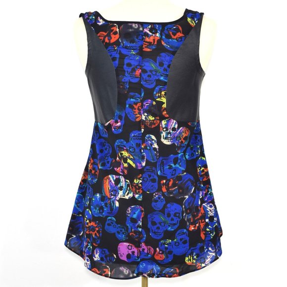 Spoon Jeans Sugar Skull High Low Peplum Tank Top Blouse Neon Colors Blue Black M - Picture 7 of 14